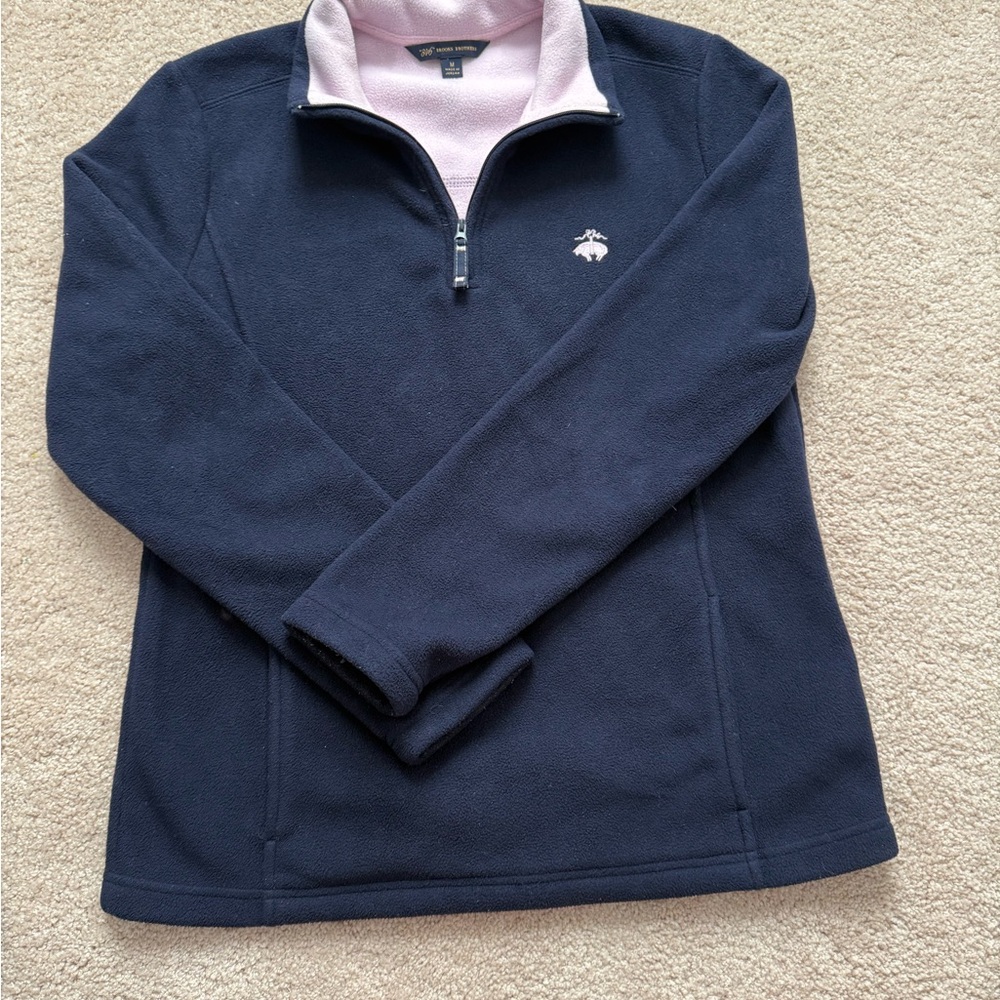 Brooks Brothers Navy Fleece Quarter-Zip with Light Pink Inner Collar